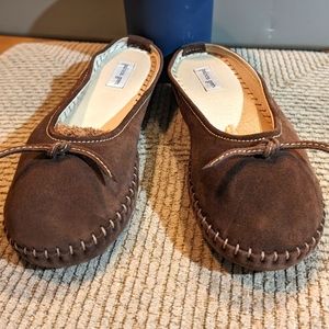 Patricia Green 8 vintage chocolate suede‎ mocassin stitch mule driving slippers